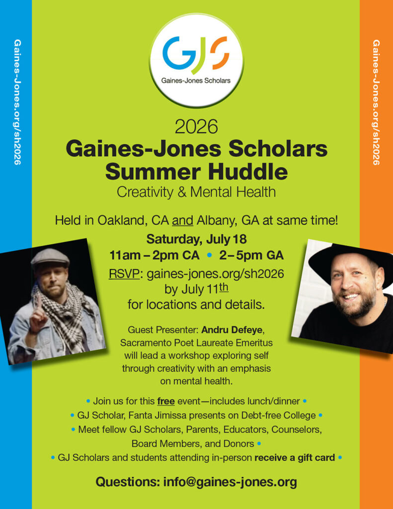 Flyer Image: Gaines-Jones Scholars Summer Huddle | July 18, 2026 California and Georgia Locations | gaines-jones.org